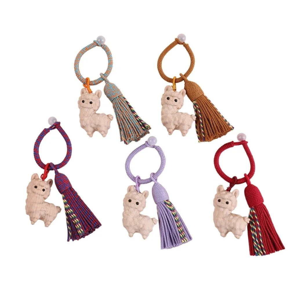 Wooden Pendant Wooden Sheep Keychain Alpaca Sheep Lamb Cartoon Animal Wooden Lamb Keyring Decoration Multi-Color Tassel