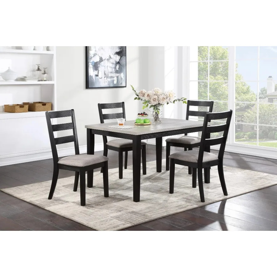 Black Finish 5pc Dining Set Wooden Top Table and Upholstered Cushion Seats Ladder Back Chair for Kitchen and Dining Room