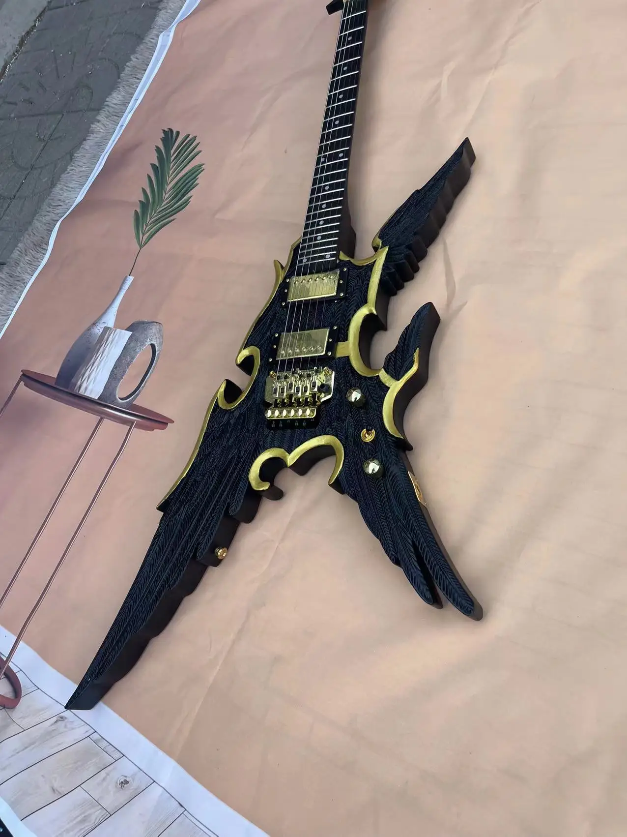 Spot Angel Wings Carving Electric Guitar, Matte Black Body, Gold Accessories, Factory Realistic Photo, Order and Ship