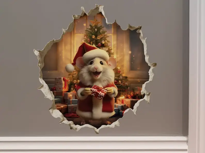 Santa Mouse in Mouse Hole Decal - Mouse Hole 3D Wall Sticker