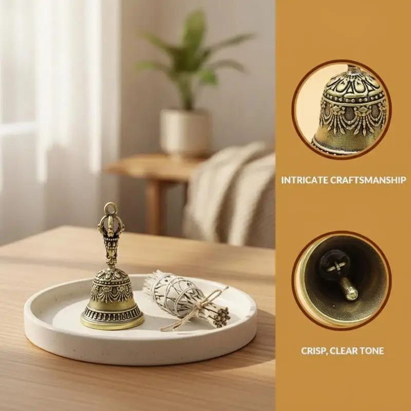 Vintage Solid Brass Bell With Intricate Carved Details And Crisp Sound Perfect For Meditation Home Altar Spiritual Practices