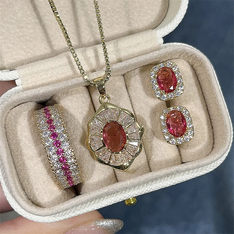 Huitan Gold Color CZ Jewelry Set for Women White Red CZ Pendant Necklace Ring Stud Earrings Engagement Wedding Bridal Party Gift view 3
