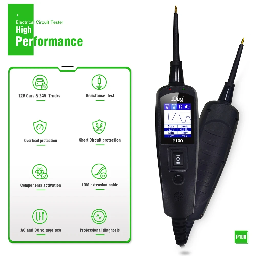 جهاز اختبار دائرة السيارات JDiag P100 - كاشف جهد الطاقة، مجموعة مسبار تشخيص النظام الكهربائي 12 فولت/24 فولت #4