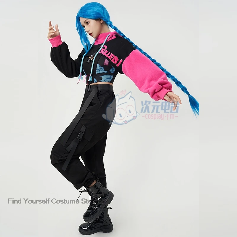 Game LOL Arcane Cosplay Jinx Doujin Fashion Hooded Sweatshirt Anime League Costumes Girls Velvet Jacket Sports Vest Necklace Set