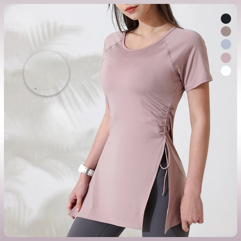 Fashion Drawstring Quick-drying Yoga Shirts Slim Shaping Blouse Long Version Fitness Running Sportswear Short Sleeves Pilates