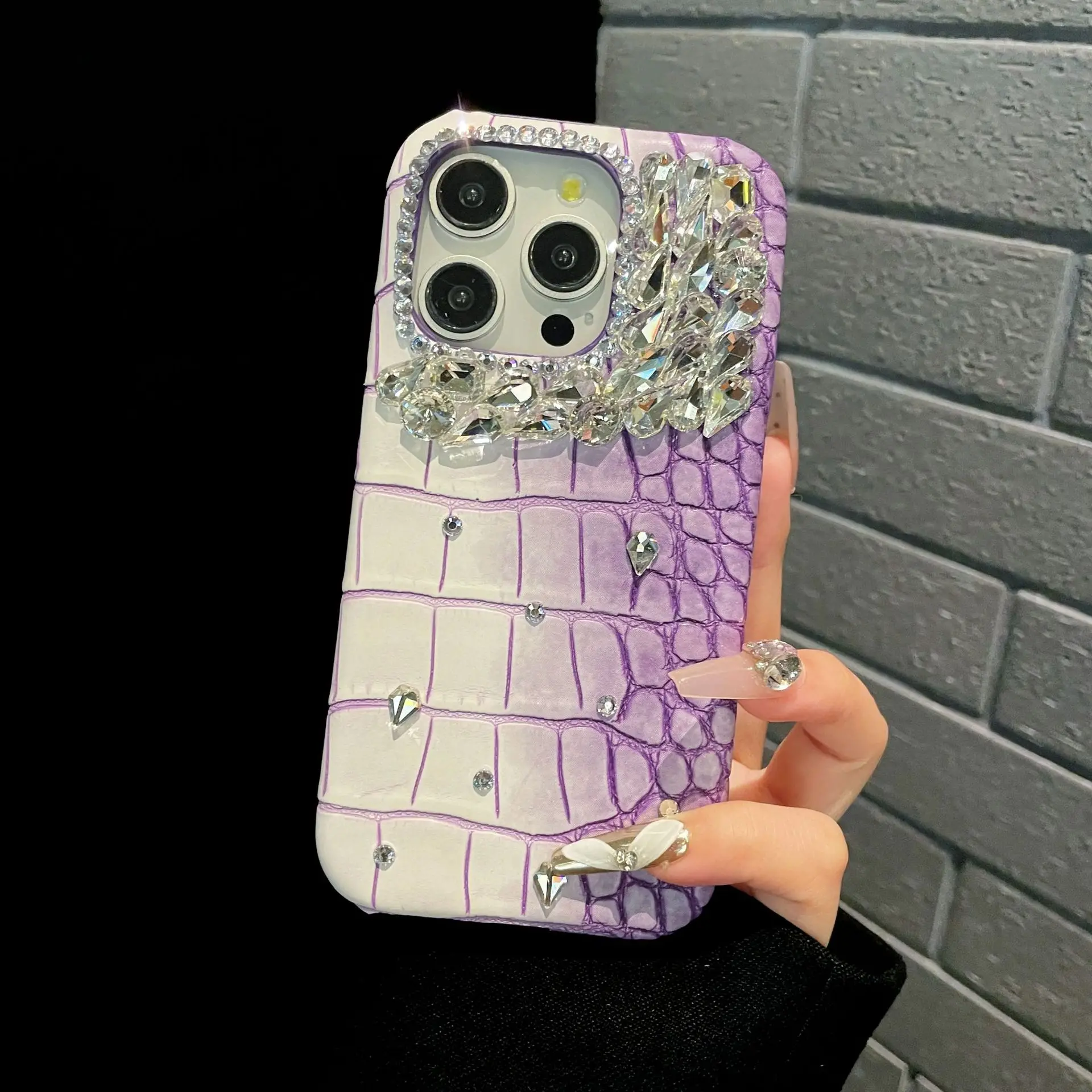 

New Suitable for iPhone 15 Luxury Water Rhinestone Crocodile Pattern Phone Case 14 Promax Half Pack 13 12 Pro 11Protection Cover