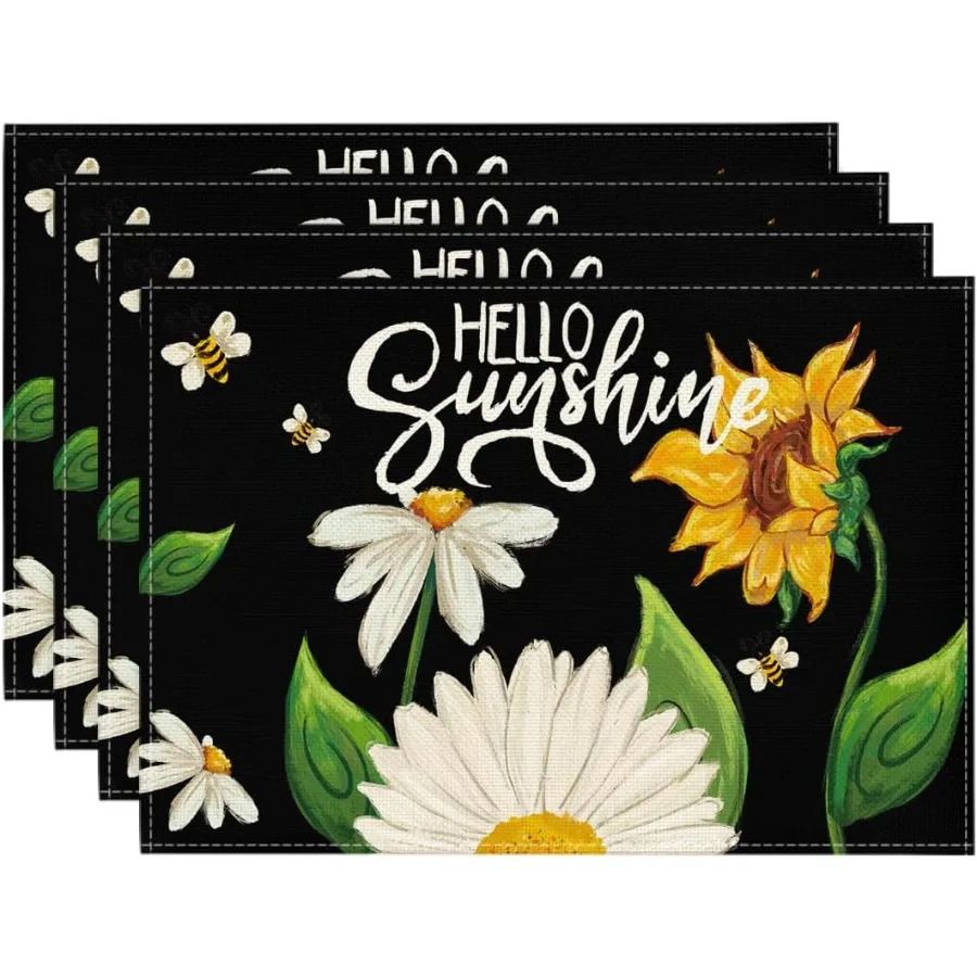 

Black Sunflower Bees Summer Placemats Set of 4 12x18 Ih Seasol Spring Holiday Table Mats for Party Kitchen Dining Decoration