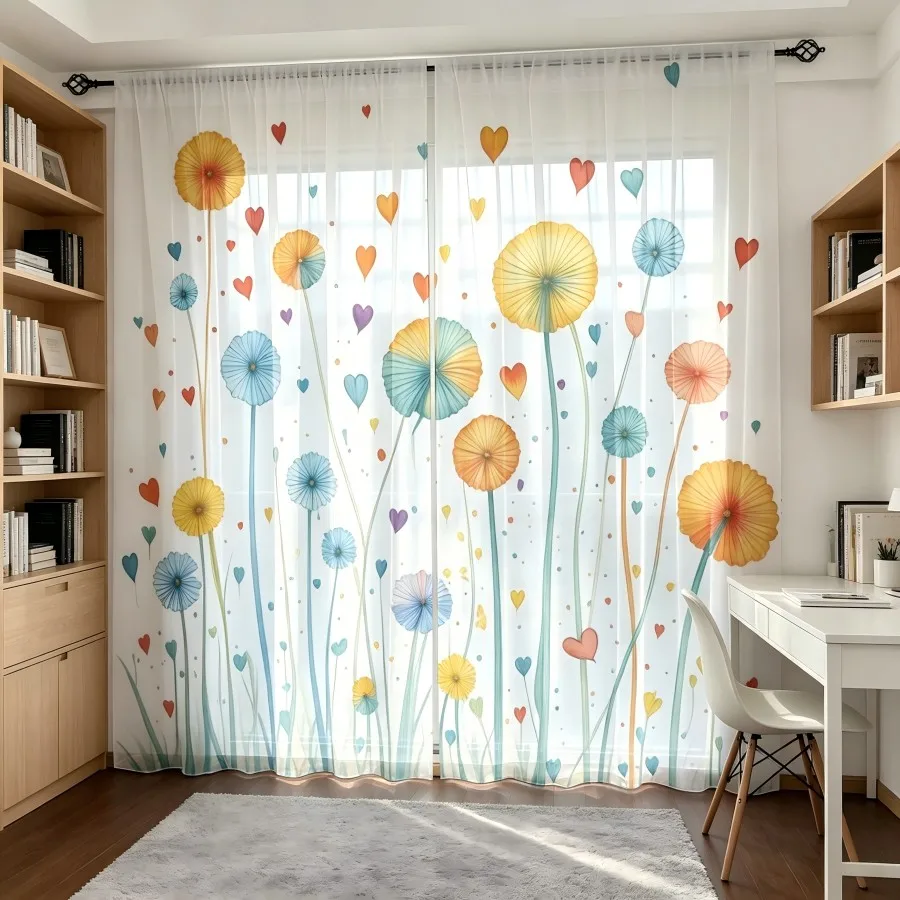 2PCS Digital Print Sheer Curtain, Blue Yellow Dandelion Flower Nature Window Drapes for Living Room Bedroom Home Decor