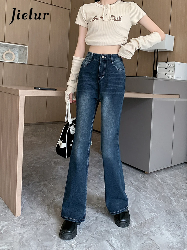 

Jielur Fashion New High-Waisted Flare Jeans Women Vintage American Style Washed Jeans Office Lady Blue Denim Pants Woman S-XL