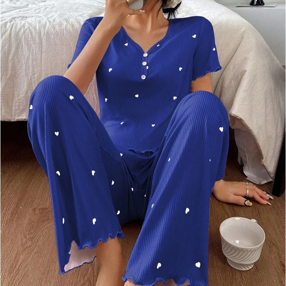Fashion Short Sleeve Pajamas Set Heart Striped Nightwear Sets Ruffle V-neck Loungewear Set Home