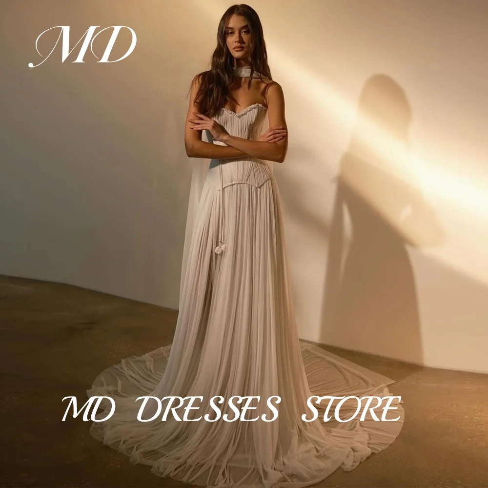 MD-Robe de Mariée Trapèze en Mousseline de Soie, Tenue de Soirée Personnalisée avec Traîne