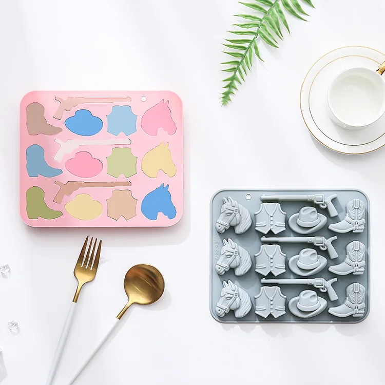 2 Pack 15-hole Western Cowboy Theme Modeling Silicone Molds Chocolate Mold Epoxy Ice Cube Cake Mold Cake Decorating Tools