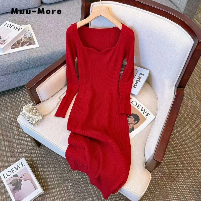 

2025 Spring Female Sexy Vintage Red Knitted Long Sleeve Midi Dresses Women Elegant Casual V-neck Knitting A-Line Evening Dress