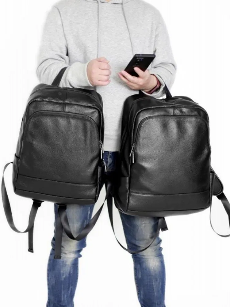 Mens Black Backpack Large Capacity Casual Genuine Leather Bag Zip Solid Color Soft Cowhide Travel School Laptop Backpacks Male