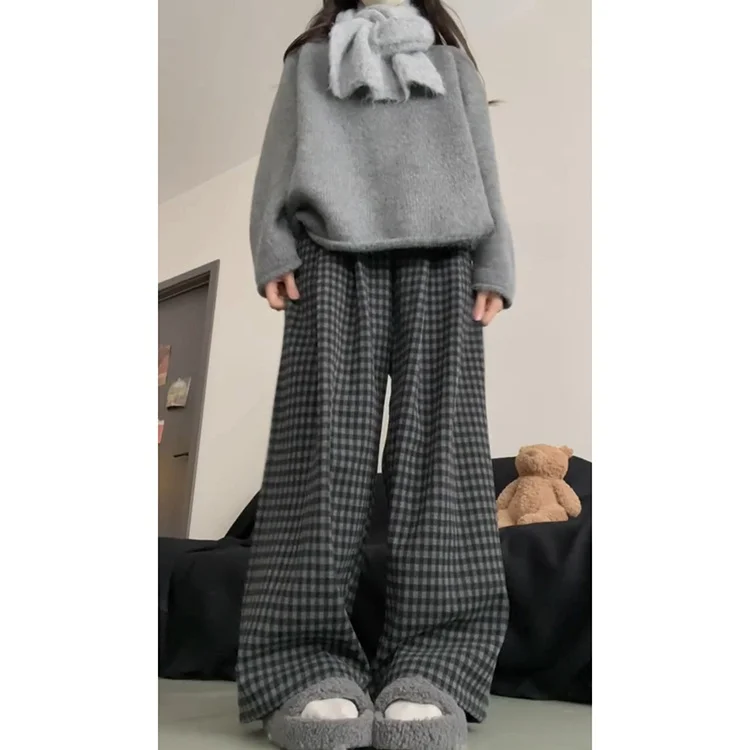 Retro Lazy Sle Wide Leg Pants Women's Autumn Winter Thiened High Waist Casual Woolen Plaid Pants Korean Sle Straight Leg