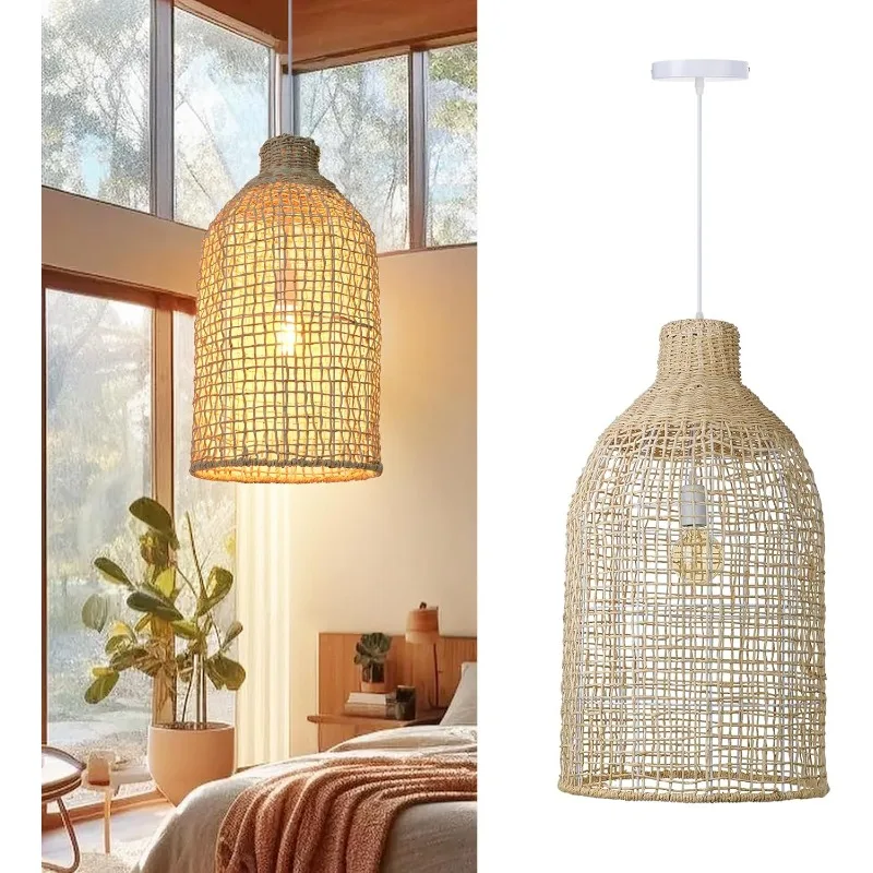 Wicker Pendant Lights Rattan Chandelier Lighting Fixture,Woven Ceiling Hanging Lamp for Dining Room,Hallway,Foyer