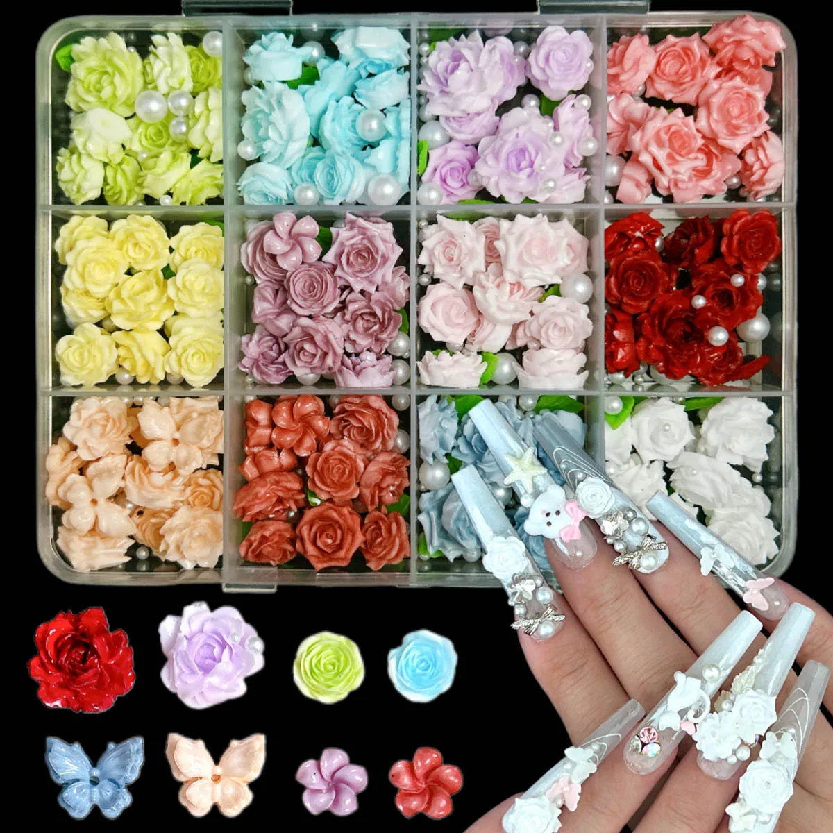 

1Box Dopamine Gradient Colored Camellia Rose Nail Charms 3D Creative Glossy Butterfly Leaf Flower Resin Nail Art Decorations DIY