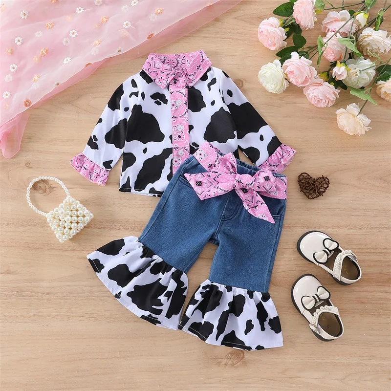 Little Girl Cow Outfit Lapel Neck Ruffle Sleeve Button Down Shirt Flare Denim Pants with Belt for Fall