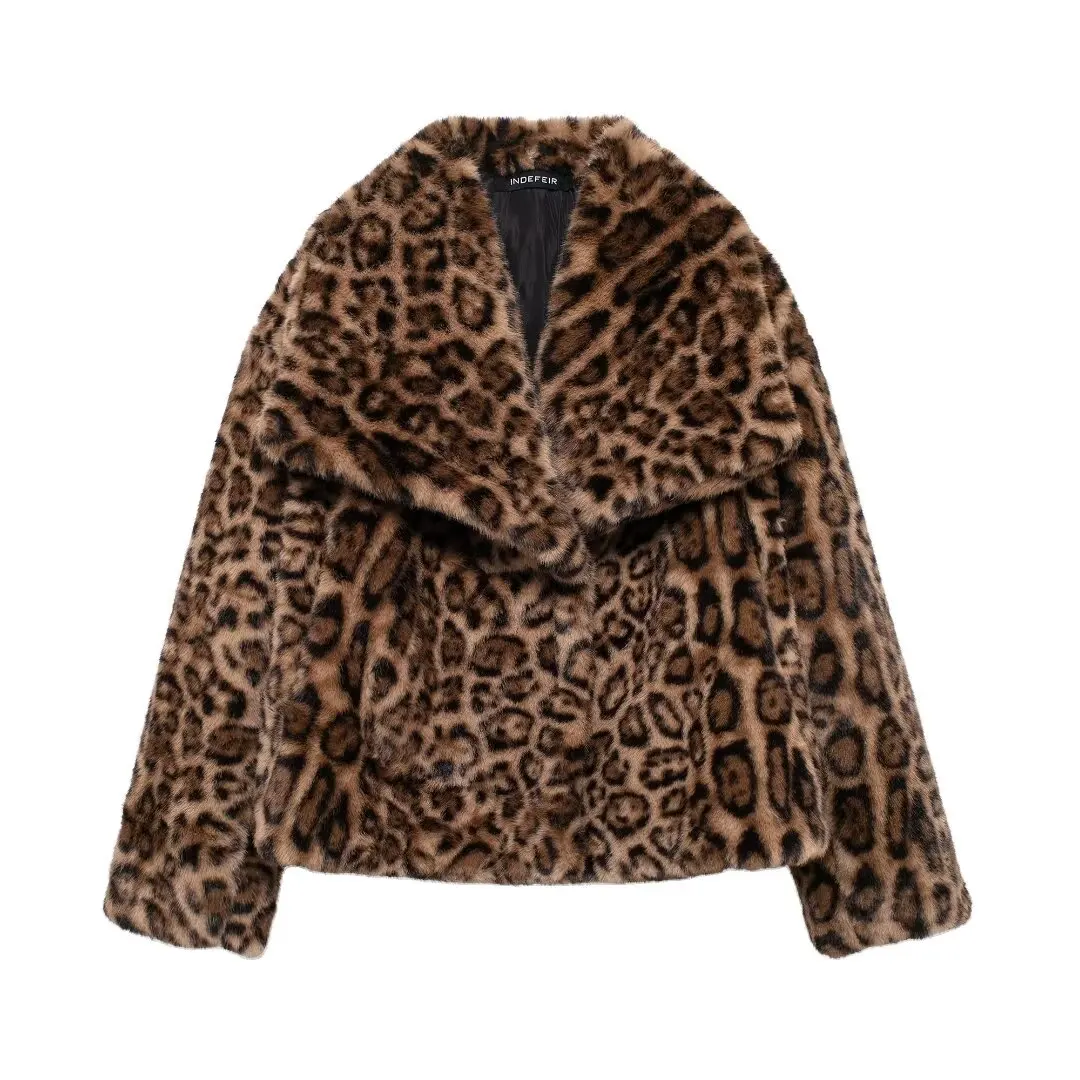 European and American style winter new fashion versatile lapel leopard print faux fur coat