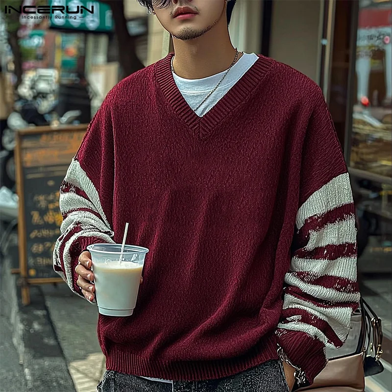 

INCERUN Tops 2025 American Style Men's Fashion Striped Patchwork Pullover Casual Streetwear Male Long Sleeved V-neck Sweatshirt