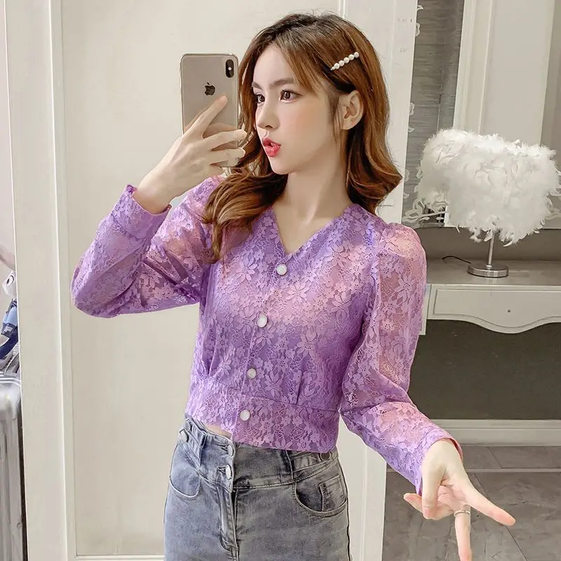 

Elegant V-Neck Lace Button Lace Up Hollow Out Shirts Women's Clothing 2023 Autumn Winter Loose Sweet Tops Puff Sleeve Blouses