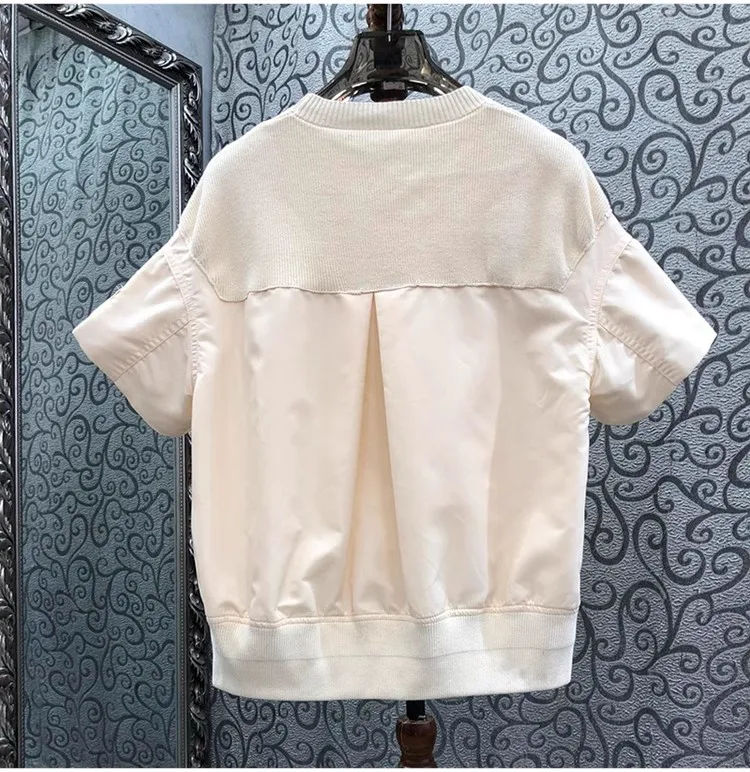 Top Quality New Blouse Shirts 2024 Spring Summer Tops Women Knitted Cotton Patchwork Short Sleeve Casual Beige Black Top Clothes