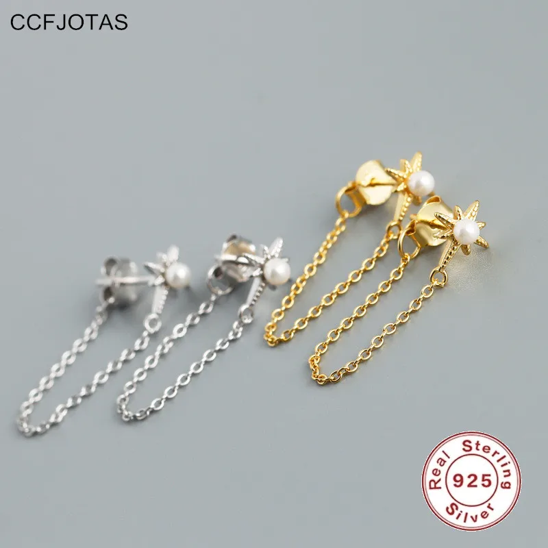 

CCFJOYAS 925 Sterling Silver Round Pearl Stud Earrings for Women European and American Chain Tassel Earrings Fashion Jewelry
