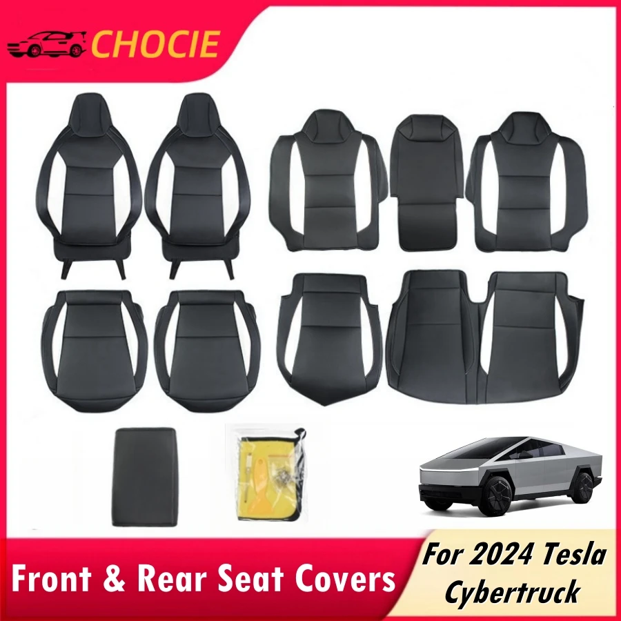 For Tesla Cybertruck 2024 Front & Rear Seat Covers Full Coverage PU Leather Black & White Seat Protector with Armrest Cover