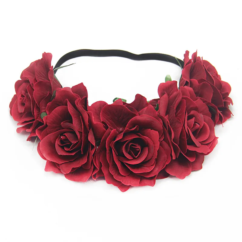 opaska kwiaty na wesele big rose flowers crown for women queen wedding bridal wreath girls garland elastic black purple red hair