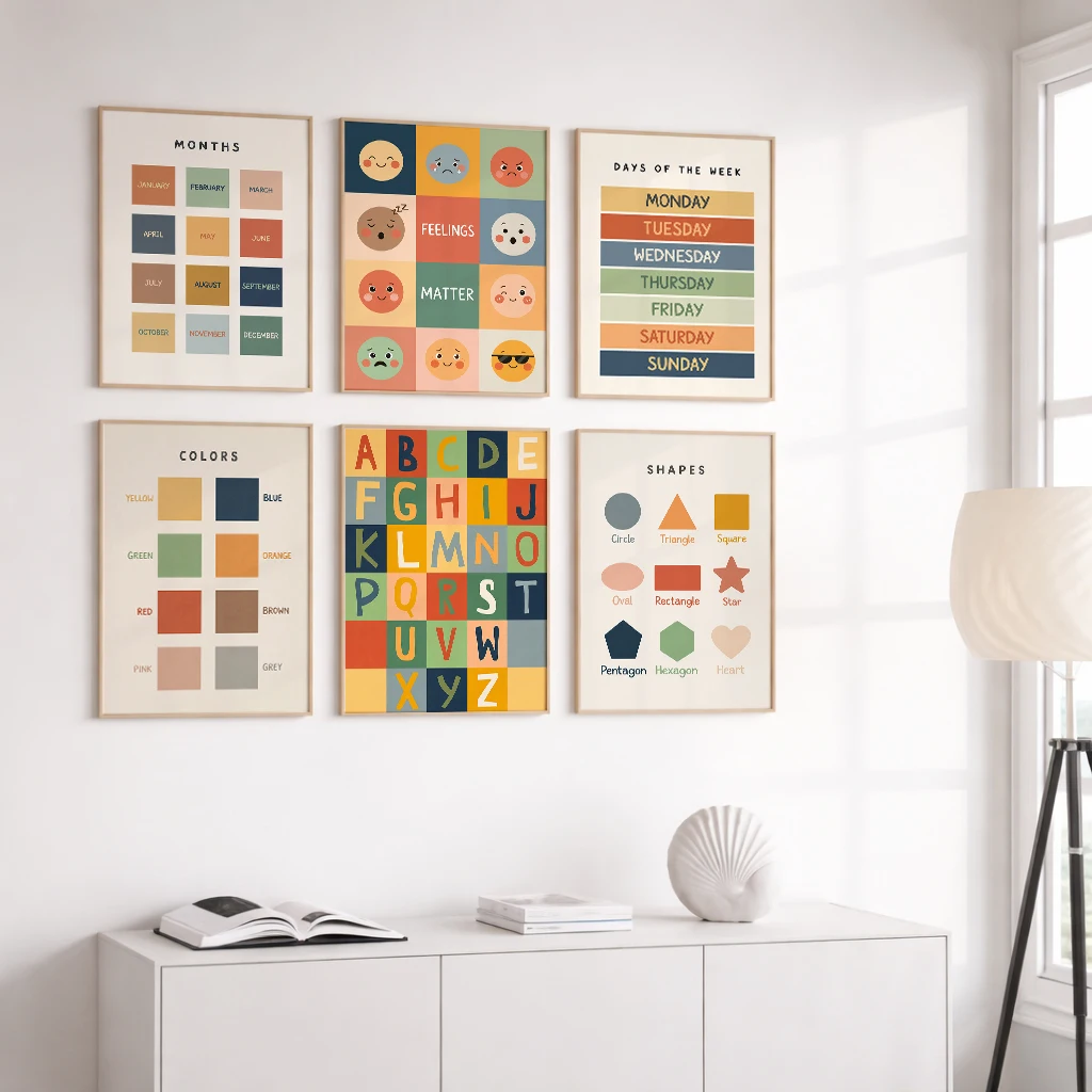 Set of 6 Kids Learning Canvas Poster Alphabet Colors Shapes Months Week Feelings Classroom Wall Decor Bedroom Playroom Nursery