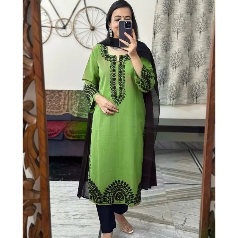 

Party Wear Salwar Kameez Women Indian Handmade Kurti Palazzo Dupatta Classic Green Black