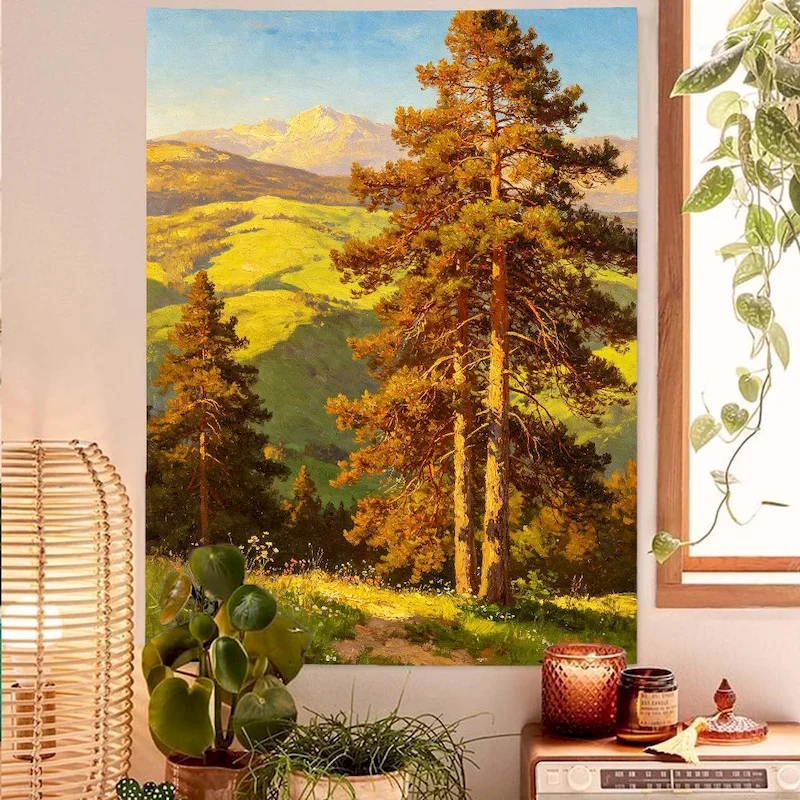 VIKAMA Giant Pine Valley Dawn Oil Painting Tapestry, Natural Scenery Wall Hanging Bedroom Living Room Home Wall Decoration