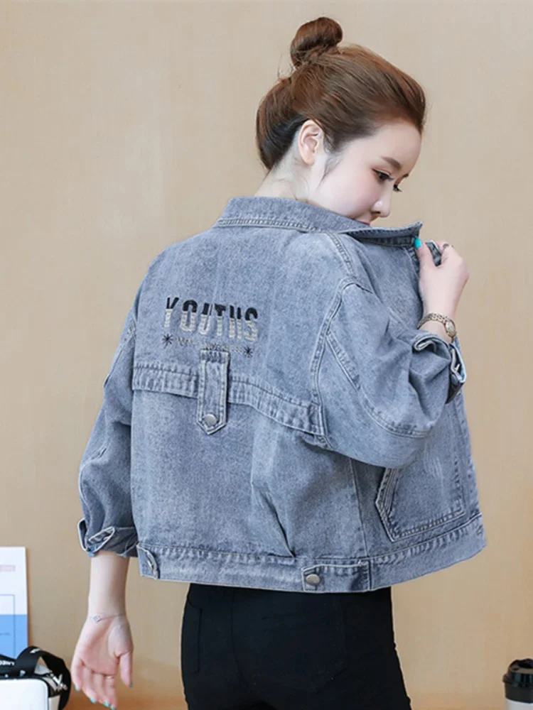American Sle ort Loose Women's Denim Jaet Spring Autumn Hong Kong Sle Embroidered Coat Button ket Detail