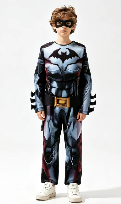 Conjunto de Disfraz Infantil de Héroe Murciélago con Estampado Muscular, Mono, Cinturón y Antifaz