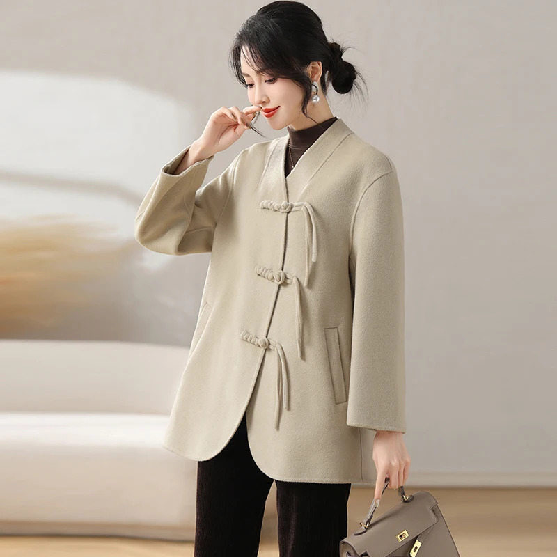 

Faionable Double-Faced Woolen Coat Mommy Sle Autumn Winter Camere Outerwear for Middle-Aged And ly Women