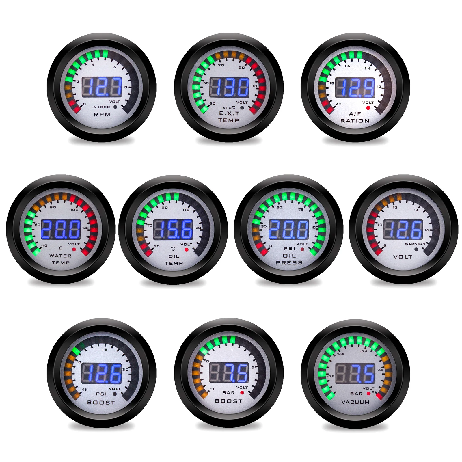 52MM Digital LED Boost EXT Exhaust Temp Gauge Voltmeter Voltage Air Fuel Ratio Gauge Oil Pressure Oil Temp Meter Car Gauge - view 2
