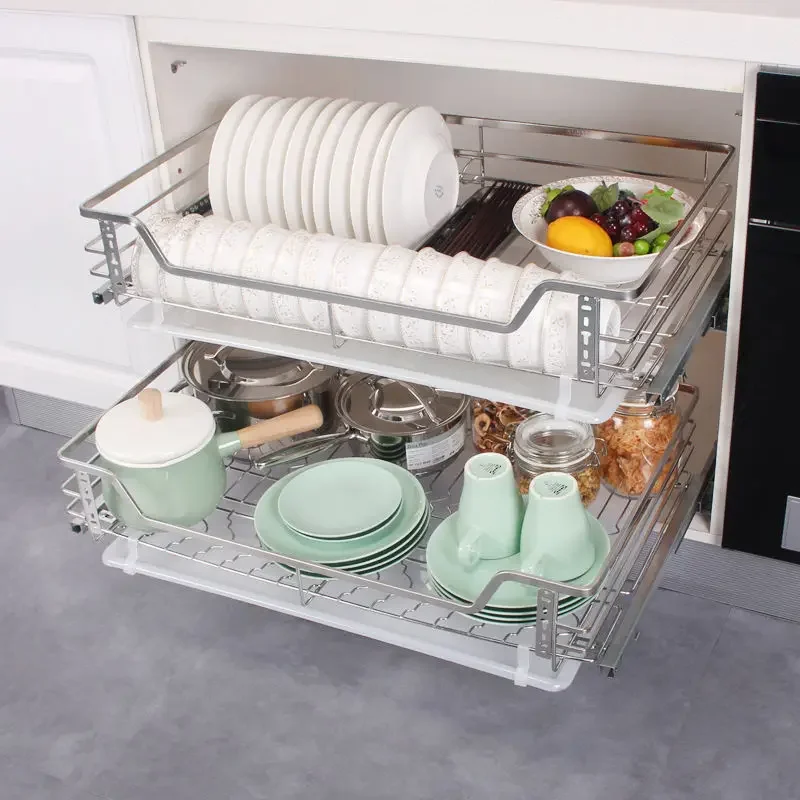 New cabinet basket 304 stainless steel double drawer kitchen dish basket kitchen cabinet buffer damping storage