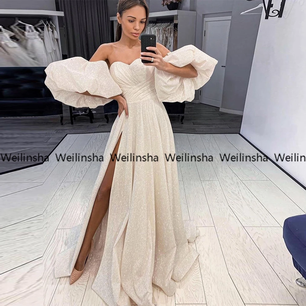 

Puffy Tulle Sweetheart Beach Wedding Dresses Pleat Glitter Bridal Gowns 2022 New Arrived Court Train Women Dress Robe De Mariée