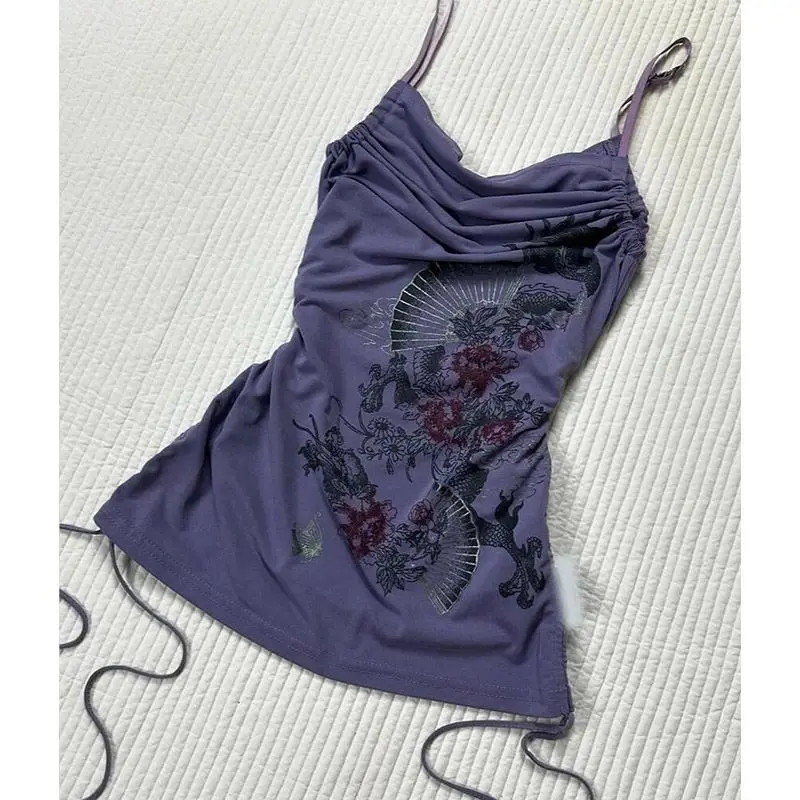 

American Style Vintage Sleeveless Tank Tops Women 2000s Sexy Spice Y2K Camisole Grunge Fan Print Causal Pleated Tops Summer New