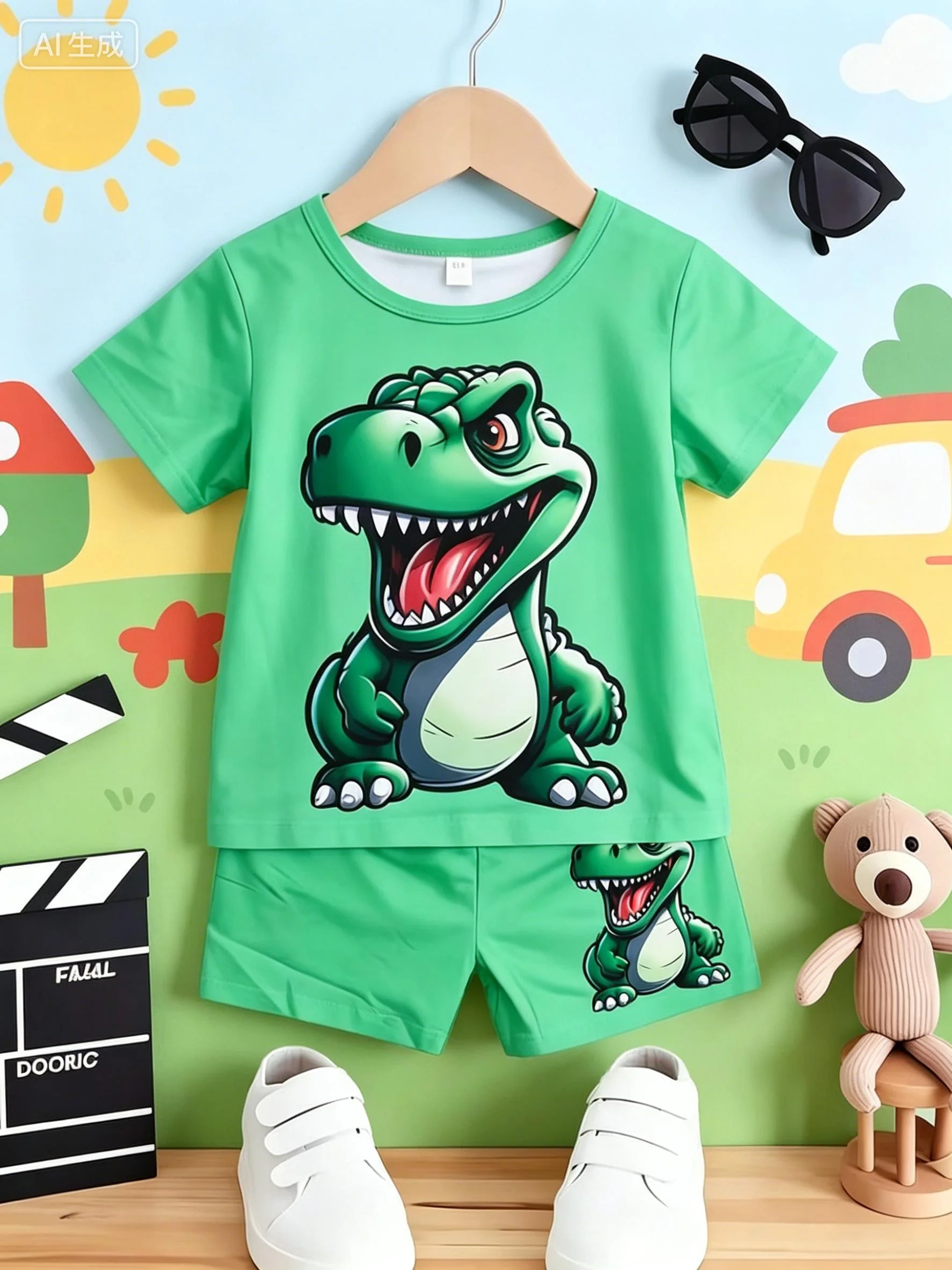 Kurzarm-Shorts mit Dinosaurier-Aufdruck für Jungen, 2-teiliges Set, sommerliches Outfit im verspielten Stil – Detail 2