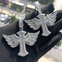 Luxury Angle Wings Long Cross Pendant 14K Gold Lab Diamond Charm Pendant Necklace for Women Men Party Hiphop Jewelry Gift