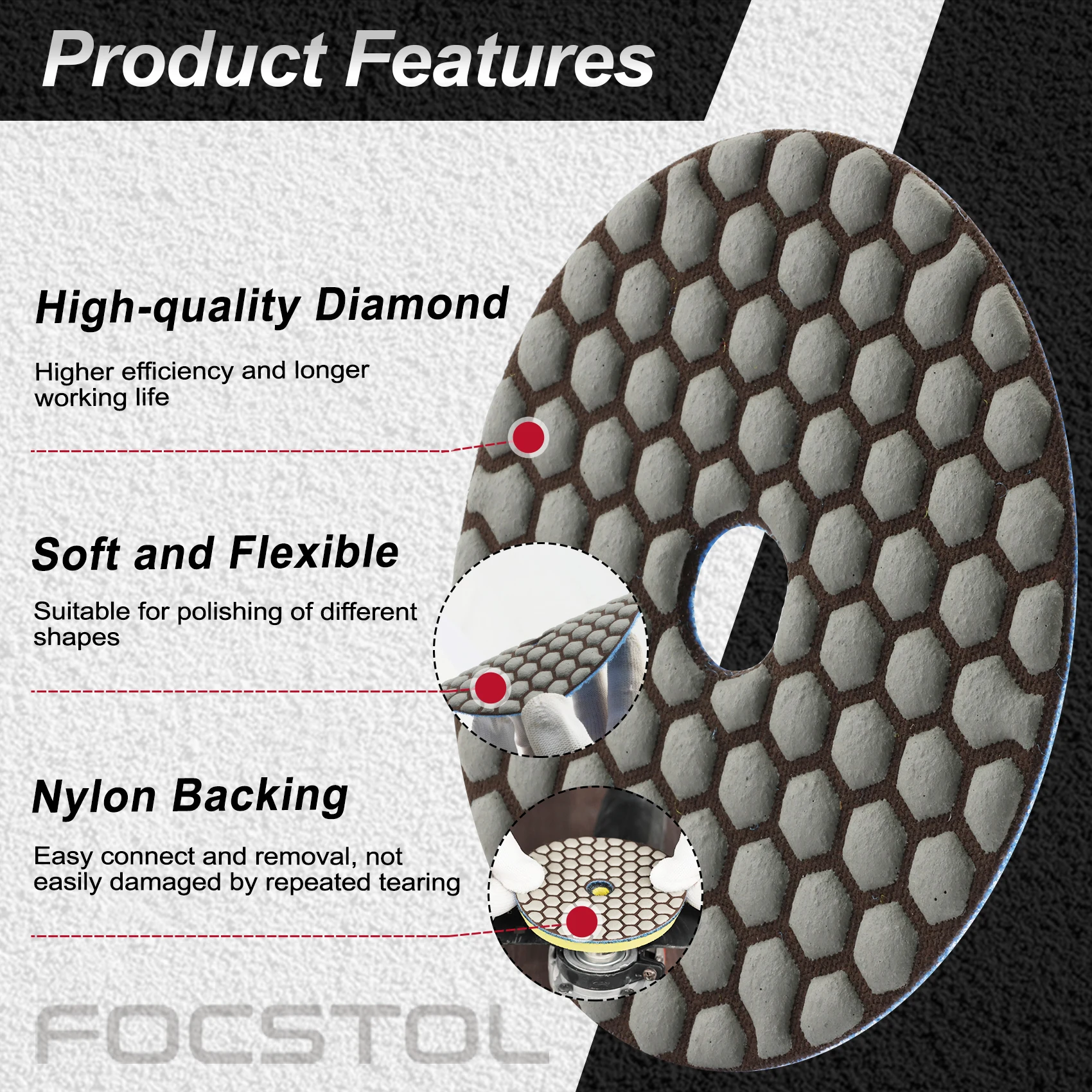 

Focstol 7pcs Sanding Disc Set Diamond Polishing Pad Dry for Granite Marble Quartz Grit 50-3000 Sanding Pads Grinding Disc