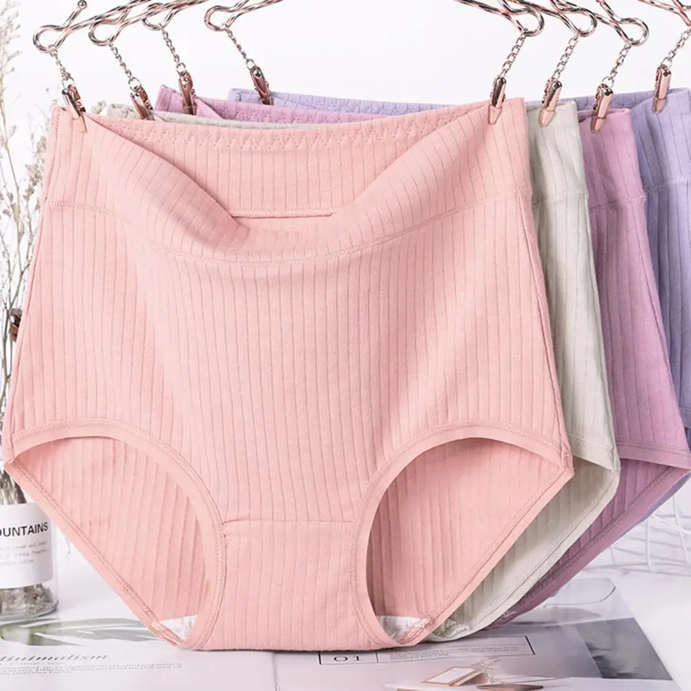 Cotton Panties Solid Color Moisture Wicking High Waist Women Underpants Plus Size Breathable Trendy Middle Aged Women Briefs