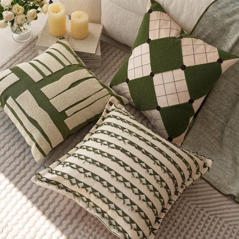 

Modern Green Retro Patch Embroidered Cushion Cover 45*45CM Geometric Grid Striped Pillow Cover for Sofa Modern Luxury Home Decor