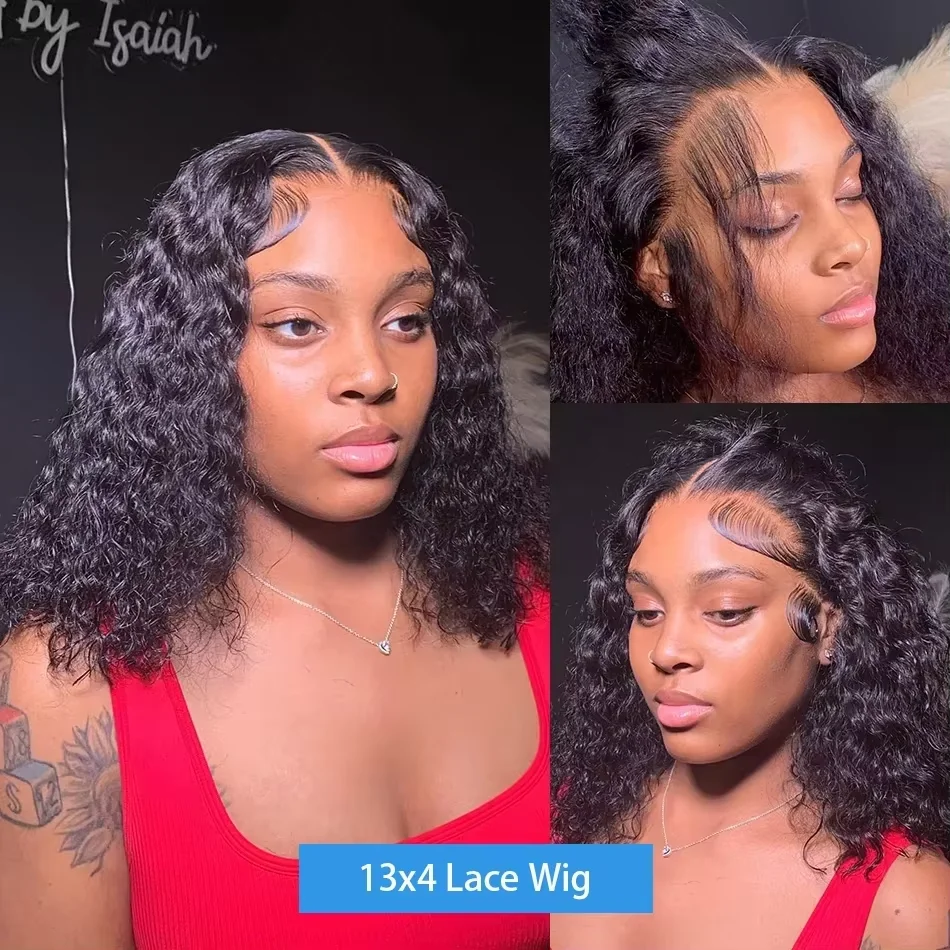 Peruca de Cabelo Humano Brasileiro Ondulado Profundo, Densidade 250%, Curta Bob, HD Lace Front, 13x4, Sem Cola, Pré-Pronta para Usar