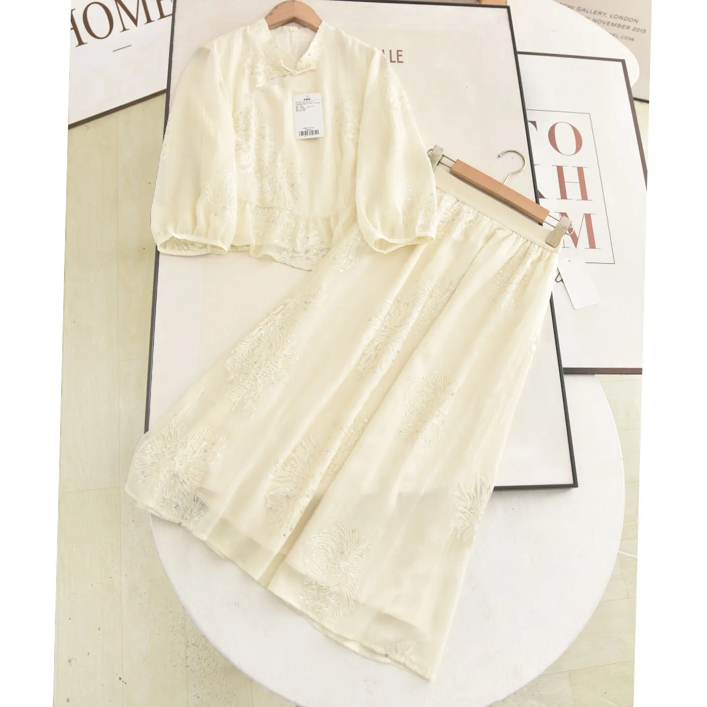 New Chinese Style National Trend Set Heavy Embroidery Shirt Half Skirt Two Piece Set Long Sleeve Stand Collar Button up