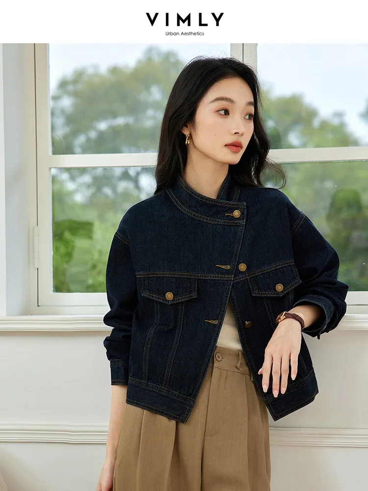 

VIMLY Women's Asymmetrical Denim Jacket Autumn Casual Simple Standing Collar Short Denim Coat Office Lady Loose Outerwear