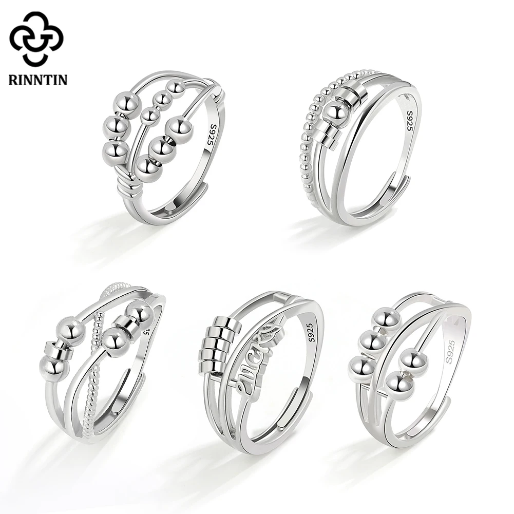 

Rinntin 925 Sterling Silver Fidget Anxiety Ring with Rotatable Bead for Women Open Spinner Finger Ring Party Jewelry SR296