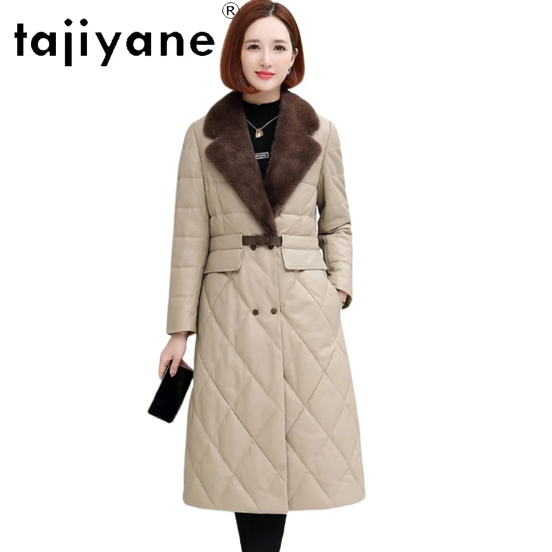 TAJIYANE veste bouffante en cuir véritable femmes 100% peau de mouton manteau Long avec col en vison vêtements d'extérieur d'hiver femme vêtements 2025