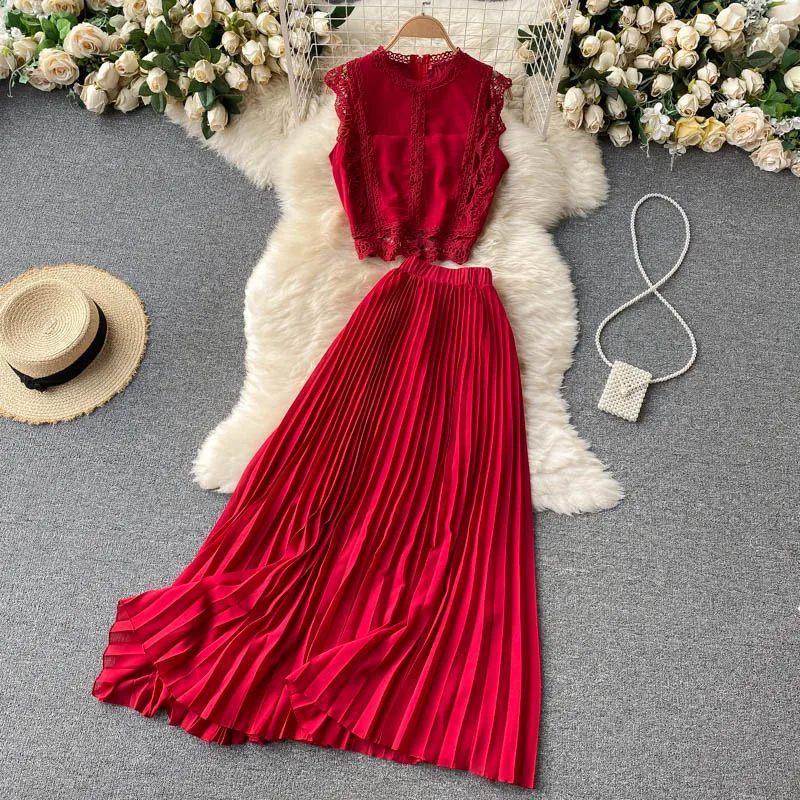 

Beach Vaion Set New Women Lace Top High Waist Slimming Pleated Chiffon ftoon Two Piece Set Faionable Ensemble